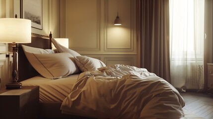 Interior cozy bedroom and comfortable bed in elegant classic bedroom : Generative AI
