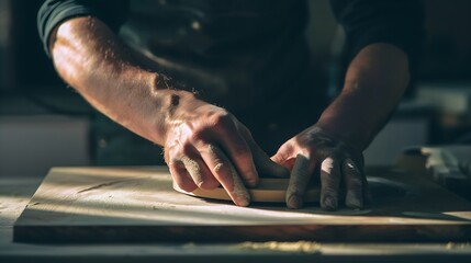 Close up of male hands using sandpaper on a piece of wood : Generative AI - Powered by Adobe