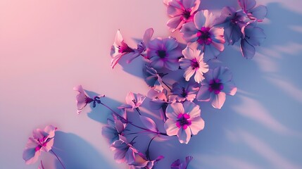 Creative layout made with pink and violet flowers on bright background Flat lay Spring minimal...