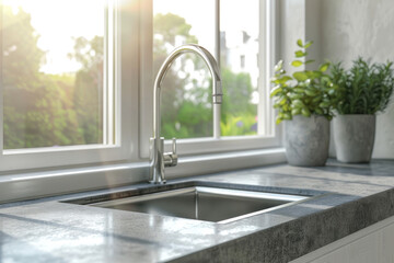 modern kitchen sink with stainless steel faucet and grey concrete countertop near window
