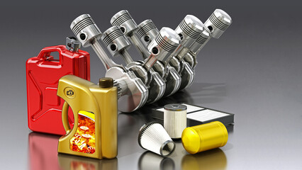 V6 engine, gas canister, oil bottle and spare filters. 3D illustration