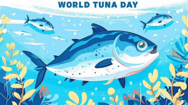For the celebration of World Tuna Day, text "WORLD TUNA DAY" Flyer design, flat image, flat design.