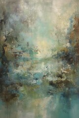 Abstract Painting of Trees and Water - obrazy, fototapety, plakaty
