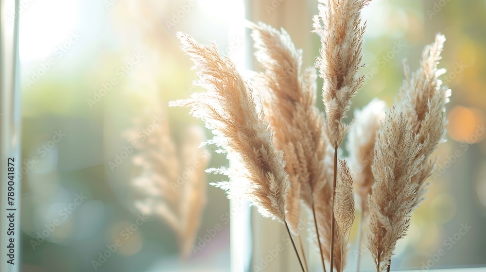 Poster dried natural pampas grass in a vase on the window interior decor element close up view soft selecti