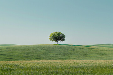Lone tree in the middle of rolling hills on a sunny day