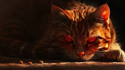 The red striped cat with red eyes lies - obrazy, fototapety, plakaty