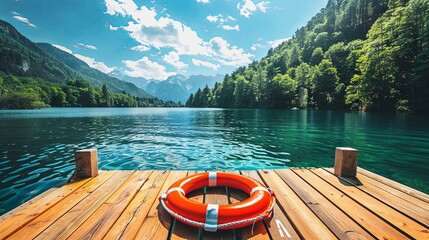 Tranquil mountain lake with a lifebuoy on a wooden dock