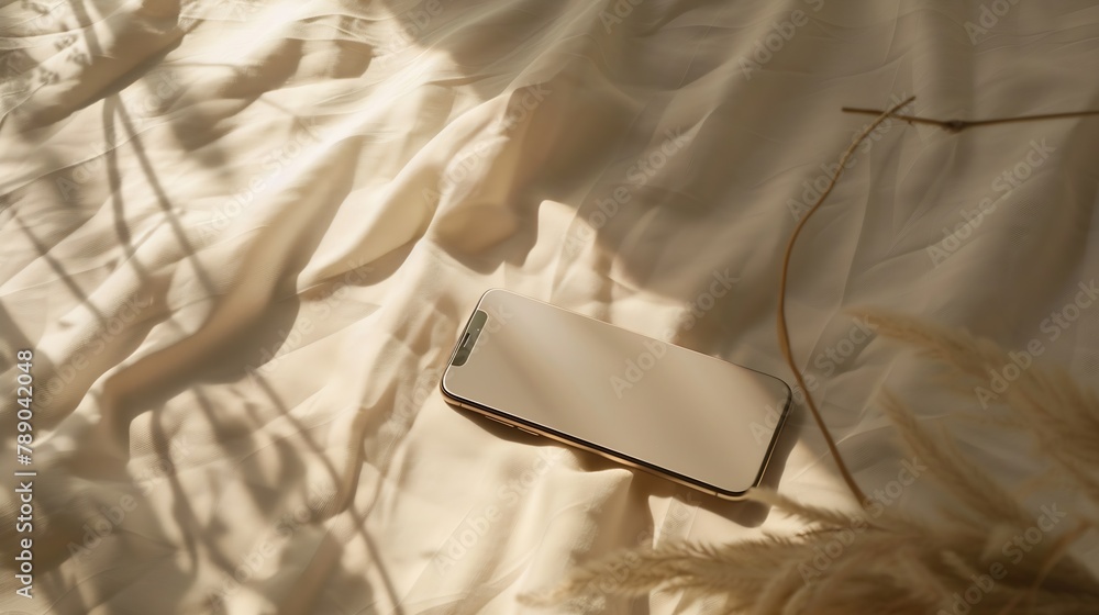 Aufkleber Aesthetic business background flat lay with mobile phone and sunlight shadows on a beige tablecloth : Generative AI