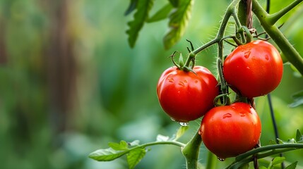 Three ripe tomatoes on green branch. Home grown tomato vegetables growing on vine in greenhouse. Autumn vegetable harvest on organic farm. 