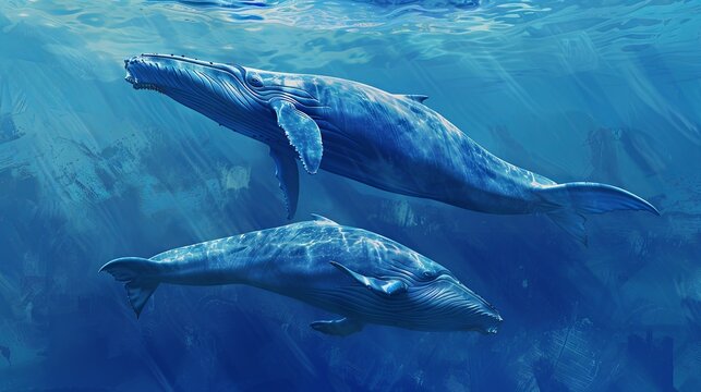 Majestic blue whales swimming gracefully in the ocean depths