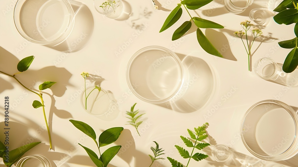 Poster flat lay composition with petri dishes and plants on beige background : generative ai