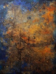 Abstract Painting Featuring Blue, Orange, and Yellow Colors - obrazy, fototapety, plakaty