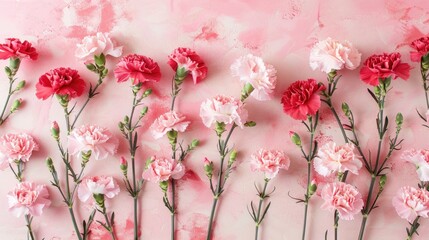 Celebrate Mother s Day and Valentine s Day with a stunning background design featuring a gorgeous bouquet of pink and red carnation flowers laid out on a pink table This top view arrangemen