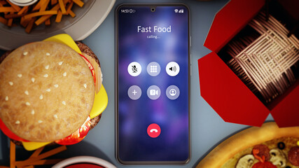Fast foods and smartphone with fast food calling screen. 3D illustration