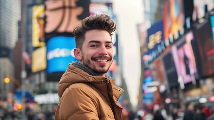 Portrait of a Happy Handsome Young Man in Casual Clothes Posing on the Street Successful Male Model in Big City Living the Urban Lifestyle Background with Office Buildings and Billboar : Generative AI