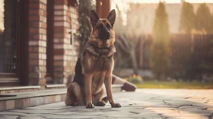 Big guard dog sitting in front of the house close up picture of guard dog sitting in front of house and garden background Watchdog concept Pet dog stay at home and watch : Generative AI