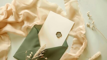 Ripped sheet of paper silk ribbon green envelope with wax seal dried flowers on pastel beige background Wedding invitation card template Flat lay top view copy space : Generative AI