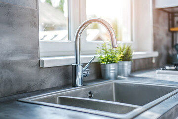 modern kitchen sink with stainless steel faucet and grey concrete countertop near window - obrazy, fototapety, plakaty