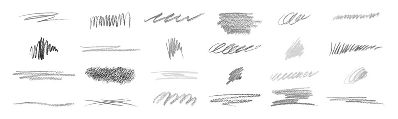Set of hand drawn graphite pencil scribbles, strokes, lines, squiggles and shapes. Underline and strikethrough. Doodle grunge isolated vector graphic elements - obrazy, fototapety, plakaty