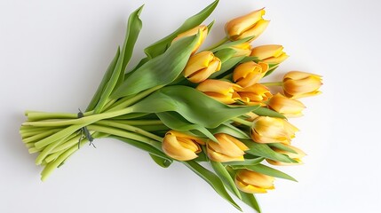 Fototapeta premium Yellow tulip flowers bouquet on white background Isolated on white Top view flat lay : Generative AI