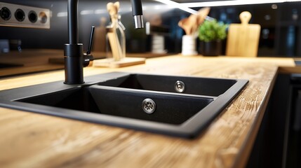Fototapeta na wymiar Closeup on wooden kitchen countertop with black sink and tap and decorations : Generative AI