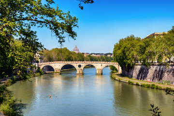 Vuew of Tiber river and bridge in Rome at sunny day. - 789042605