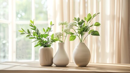 Decorative vases with natural decor plants on wooden dining table near window with white and beige curtains : Generative AI
