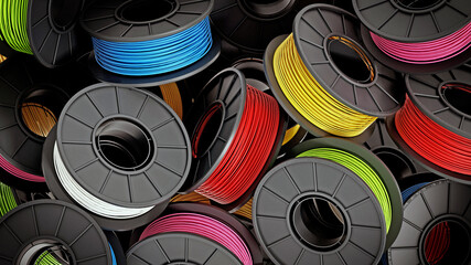 Stack of colorful 3D printer filaments. 3D illustration