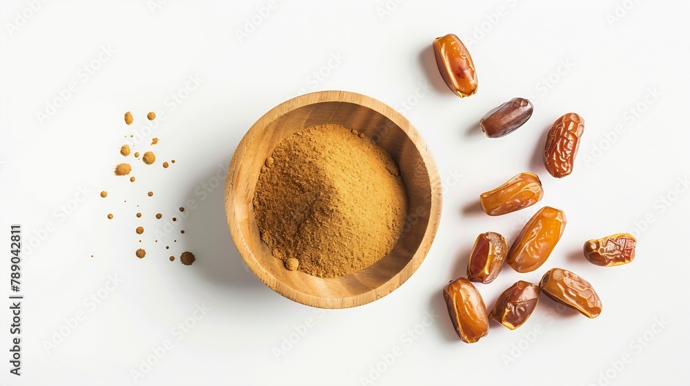Poster date fruit powder in wooden bowl with dry dates fruits isolated on white background top view flat la