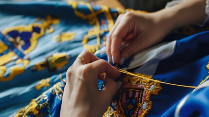 A woman embroiders the national symbols of Ukraine with a cross Closeup of female hands crossstitching on white canvas : Generative AI - obrazy, fototapety, plakaty