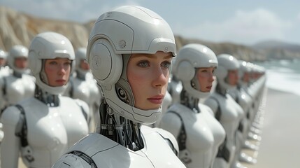 Row of female robots in helmets on beach, wearing personal protective equipment - obrazy, fototapety, plakaty
