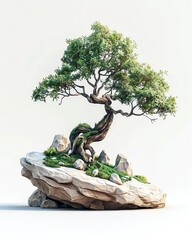 Bonsai Tree  A miniature bonsai with a minimalist white background water color, cartoon, hand drawing, animation 3D, vibrant, minimalist style