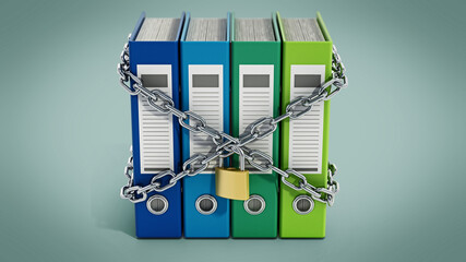 Group of folders wrapped with chains and padlock. 3D illustration