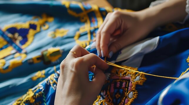 A woman embroiders the national symbols of Ukraine with a cross Closeup of female hands crossstitching on white canvas : Generative AI