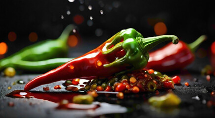 red chillier with sauce and seed placed onto he gradient background with abstract green chilly with the combination with the red pepper abstract food background  - Powered by Adobe