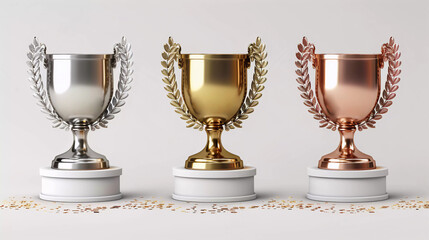 A minimalist gold, silver, and bronze trophy with a white background, golden glitter, Olympic spirit, champion, runner up, and third place