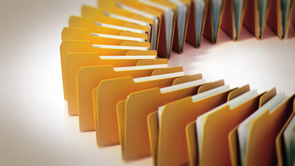 Yellow folders arranged in circle isolated on white background. 3D illustration