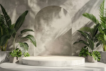 3d rendering of a podium with tropical plants in the room against a concrete wall background. minimal mockup of a stage showcase for product presentation