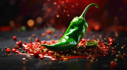 red chillier with sauce and seed placed onto he gradient background with abstract green chilly with the combination with the red pepper abstract food background  - Powered by Adobe