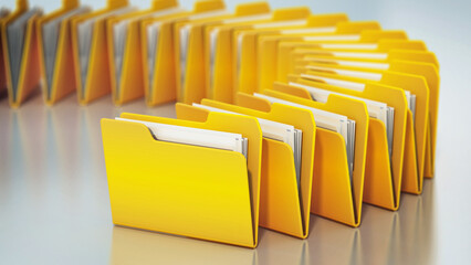 Yellow folders arranged in circle isolated on white background. 3D illustration - 789043459