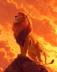 Lion  A majestic lion against a deep sunset orange background  water color, cartoon, animation 3D, vibrant - obrazy, fototapety, plakaty
