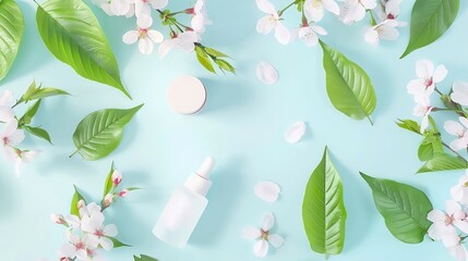 Beauty concept with facial cosmetic products green leaves and cherry blossom on pastel blue desktop background Modern skin care layout top view frame flat lay Branding mock up : Generative AI