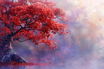 Maple Tree  A red maple tree with a soft, pastel purple background water color, cartoon, animation 3D, vibrant