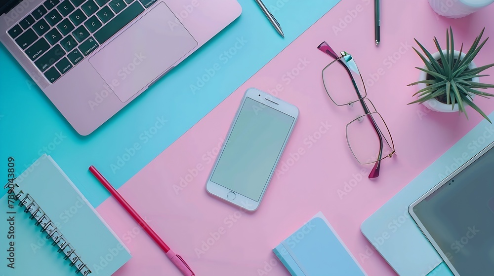 Aufkleber Creative flat lay design of workspace desk with laptop blank notebook smartphone and stationery with copy space background : Generative AI