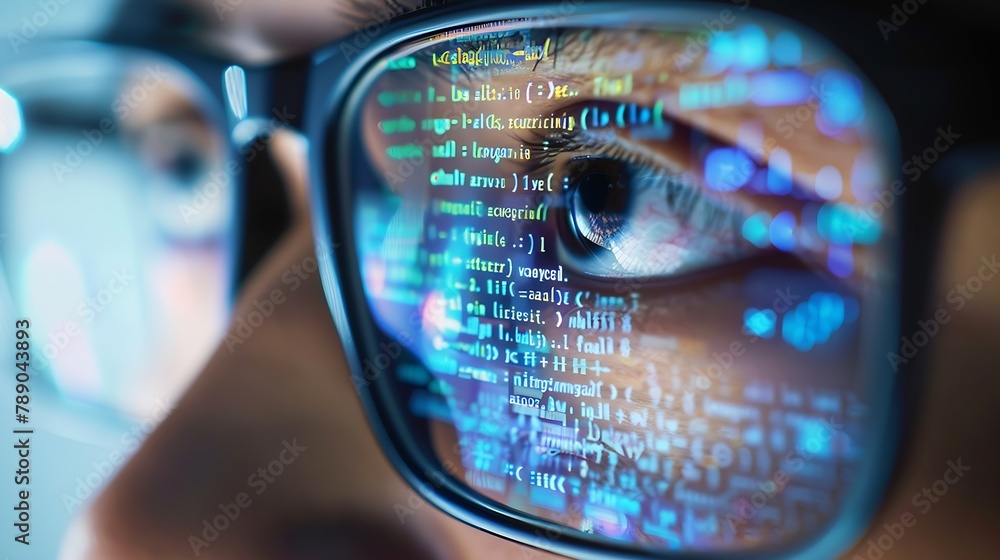 Poster Closeup Portrait of Software Engineer Working on Computer Line of Code Reflecting in Glasses Developer Working on Innovative eCommerce Application using Big Data AI Stylish Macro Shot  : Generative AI