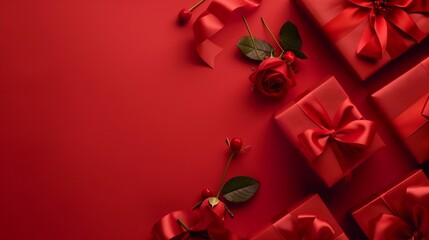 Fototapeta na wymiar Valentines Day vertical background poster design Flat lay Valentines gift boxes decorated ribbon bows roses buds on red background : Generative AI