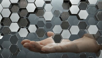 stone wall texture, gold and marble hexagons background in frontal view. 3d render illustration - obrazy, fototapety, plakaty
