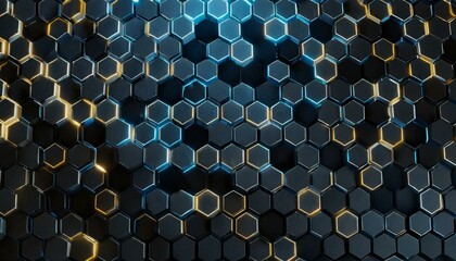 stone wall texture, gold and marble hexagons background in frontal view. 3d render illustration