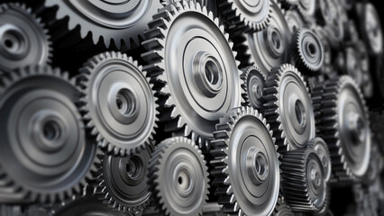 Background formed with group of 3D steel wheels in motion. 3D illustration - 789044298