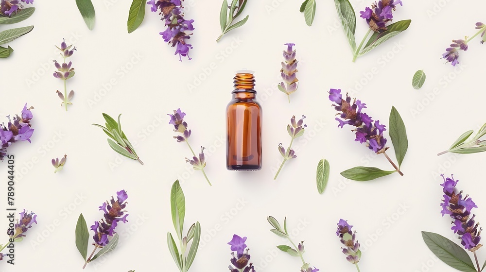 Poster lavender essential oil in bottle fresh flowers and leaves isolated on white background creative layo